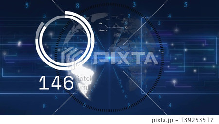 Displaying digital globe with ring overlay showing 146 at dashboard, with glowing circuit pathways Displaying digital globe with ring overlay showing 146 at dashboard, with glowing circuit pathways 139253517