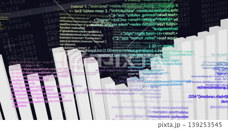 Rendering data visualization in grid, with white 3D bars colored code snippets and numeric strings Rendering data visualization in grid, with white 3D bars colored code snippets and numeric strings 139253545