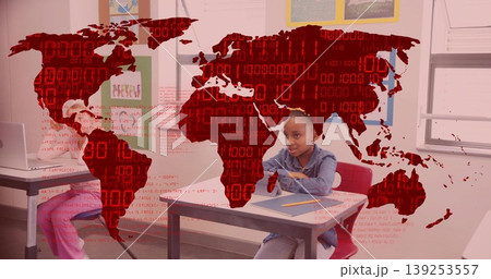 Raising denim-jacket wearing student hand at bright classroom, with laptop and posters, copy space Raising denim-jacket wearing student hand at bright classroom, with laptop and posters, copy space 139253557
