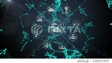 Showing central globe icon in teal network, illustrating cloud, server, analytics, finance, backup Showing central globe icon in teal network, illustrating cloud, server, analytics, finance, backup 139253567