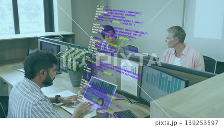 Typing Indian developer tapping laptop keyboard in office, with monitors, coffee cup, mouse, plant Typing Indian developer tapping laptop keyboard in office, with monitors, coffee cup, mouse, plant 139253597