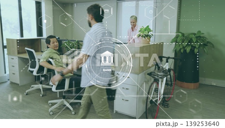 Walking Asian man wearing shirt with crossbody bag in bank reception area, with hexagonal graphics Walking Asian man wearing shirt with crossbody bag in bank reception area, with hexagonal graphics 139253640