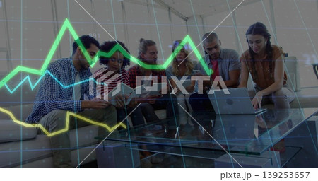 Analyzing data, six professionals using digital devices on sofa in office lounge, with neon graphs Analyzing data, six professionals using digital devices on sofa in office lounge, with neon graphs 139253657