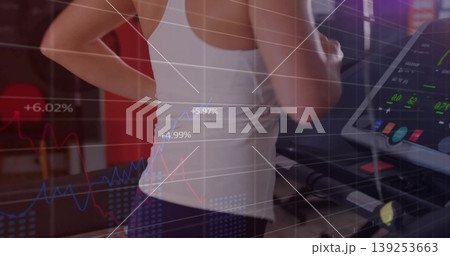 Running adult female in sportswear on gym treadmill, showing console, overlaying performance graphs Running adult female in sportswear on gym treadmill, showing console, overlaying performance graphs 139253663