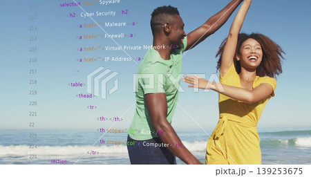 Dancing couple wearing beachwear holding hands at beach shoreline, with floating HTML code snippets Dancing couple wearing beachwear holding hands at beach shoreline, with floating HTML code snippets 139253675