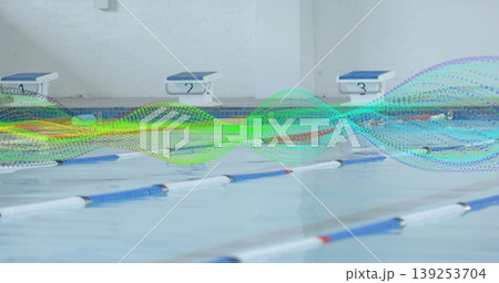 Stretching colorful wave overlay across pool lanes at pool deck, with starting blocks 1-3 and ropes 139253704
