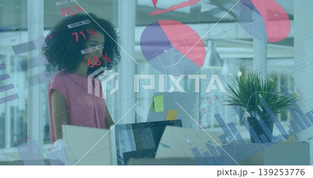 Analyzing woman in pink blouse interpreting pie charts on monitors in open-plan office, copy space Analyzing woman in pink blouse interpreting pie charts on monitors in open-plan office, copy space 139253776