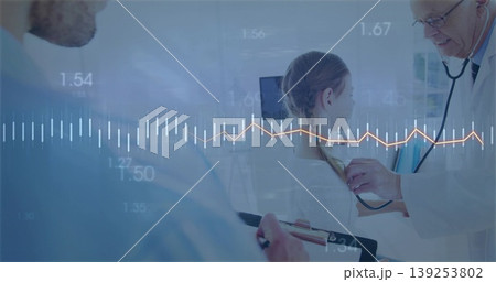Doctor using stethoscope checking child on exam table, with assistant writing on clipboard 139253802