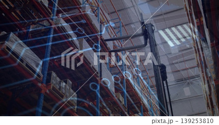 Displaying shelving racks holding boxes in warehouse, with forklift and circuit overlay, copy space Displaying shelving racks holding boxes in warehouse, with forklift and circuit overlay, copy space 139253810