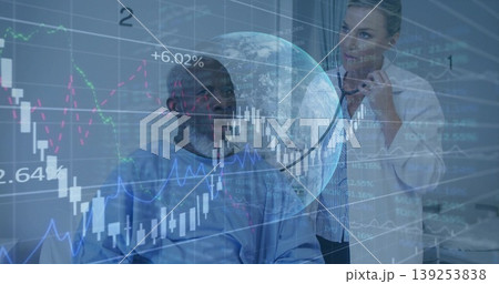 Using stethoscope doctor checking patient in hospital gown in exam room, with stock chart overlay 139253838