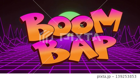Floating 3D BOOM BAP text hovering over purple grid plane, featuring green sun and wireframe peaks Floating 3D BOOM BAP text hovering over purple grid plane, featuring green sun and wireframe peaks 139253853