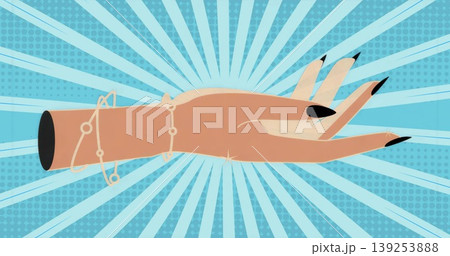 Showing hand and arm reaching across pop art backdrop with black nails and chain bracelets glinting 139253888