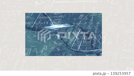 Displaying blue-toned 3D DNA helix glowing on digital canvas, with formulas, diagrams, lab icons 139253957