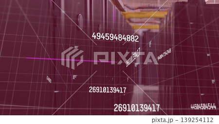 Streaming datacenter aisle with server racks, cable trays, floating numeric points, grid overlay Streaming datacenter aisle with server racks, cable trays, floating numeric points, grid overlay 139254112