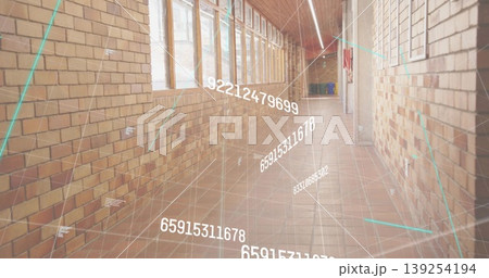Displaying empty brick corridor showing floating numerical data grid inside hallway, with windows Displaying empty brick corridor showing floating numerical data grid inside hallway, with windows 139254194
