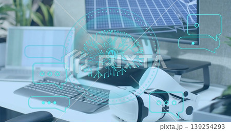 White VR headset projecting AI chat overlays on office desk, with keyboard mouse and solar monitor White VR headset projecting AI chat overlays on office desk, with keyboard mouse and solar monitor 139254293