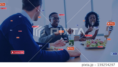 Chatting creators eating salad sipping smoothie at wooden table in meeting area, digital icons Chatting creators eating salad sipping smoothie at wooden table in meeting area, digital icons 139254297