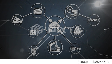 Displaying load balancing icon linking eight nodes in schematic, with database and monitoring icons Displaying load balancing icon linking eight nodes in schematic, with database and monitoring icons 139254340