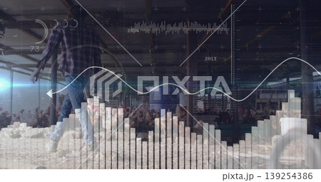 Walking male wearing straw hat across chip floor in barn hall, with railings, overlays, copy space Walking male wearing straw hat across chip floor in barn hall, with railings, overlays, copy space 139254386
