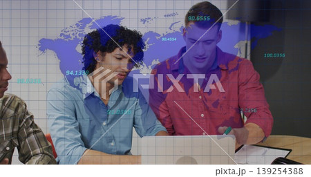 Collaborating three office colleagues analyzing laptop data in meeting room with world map overlay Collaborating three office colleagues analyzing laptop data in meeting room with world map overlay 139254388