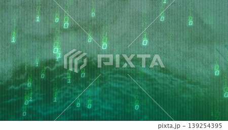 Streaming glowing binary digits cascading across digital simulation, water-like texture effect 139254395