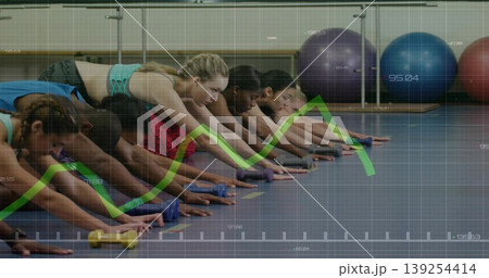 Nine adults in sportswear holding plank on dumbbells in gym, with stability balls line graph Nine adults in sportswear holding plank on dumbbells in gym, with stability balls line graph 139254414