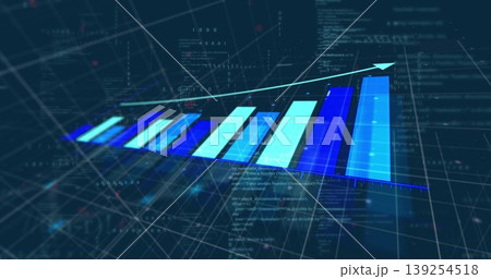 3D bar chart rising in analytics hub, with trend arrow, code snippets, binary digits, grid lines 3D bar chart rising in analytics hub, with trend arrow, code snippets, binary digits, grid lines 139254518