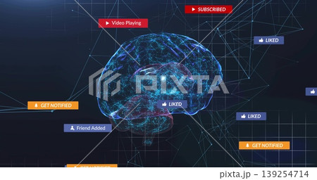 Floating blue wireframe brain glowing, linking through digital network with notification tags 139254714