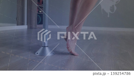 Balancing female dancer wearing dancewear standing en pointe on wooden dance floor, with metal pole Balancing female dancer wearing dancewear standing en pointe on wooden dance floor, with metal pole 139254786