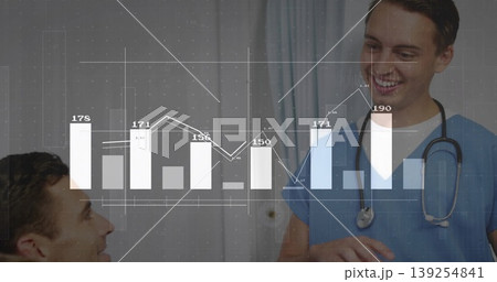 Monitoring doctor in scrubs checking patient in ward with stethoscope and chart overlay, copy space 139254841