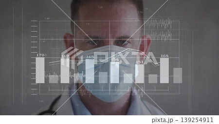Standing male doctor wearing white coat, mask and stethoscope at gray wall, with digital interface Standing male doctor wearing white coat, mask and stethoscope at gray wall, with digital interface 139254911