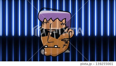 Glowing cartoon head hovering in digital neon blue grid, with sunglasses and metal rod 139255001