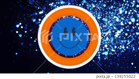 Displaying central circular emblem glowing on digital canvas, with luminous blue cyan bokeh dots 139255022