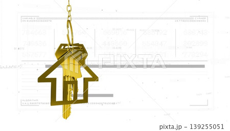 Suspending brass key on gold house-shaped keyring and chain in studio, with grey digital data 139255051