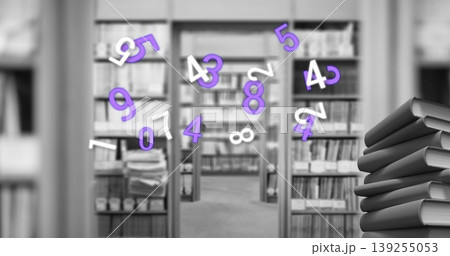 Floating purple and white digits hovering through library, with wooden shelves and book stacks 139255053