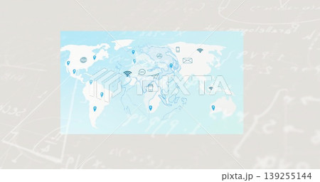Displaying world map on beige canvas, with blue pins, Wi-Fi, envelope, phone, chat bubbles, globe 139255144