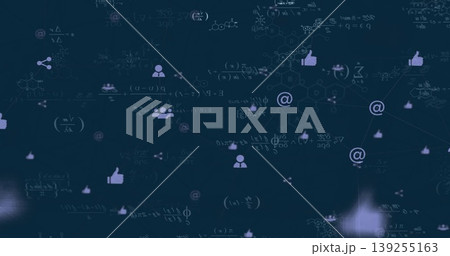 Displaying thumbs-up at-sign user-icons in digital space with network lines and chemical diagrams 139255163