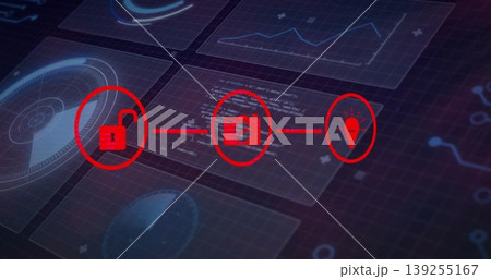 Highlighting central red workflow linking lock, sensor and lightbulb on dashboard with data panels 139255167