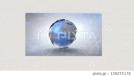 Floating glossy blue glass globe rotating in soft grey gradient backdrop, with chemical sketches 139255178