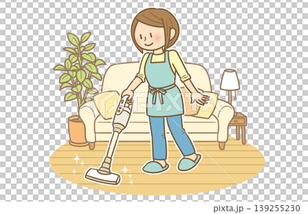 一位微笑的年輕女子在客廳裡用吸塵器打掃;這是一幅家務勞動的畫面。 一位微笑的年輕女子在客廳裡用吸塵器打掃;這是一幅家務勞動的畫面。 139255230