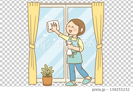 A young woman smiling while cleaning windows - Image of glass cleaning and housework 139255232