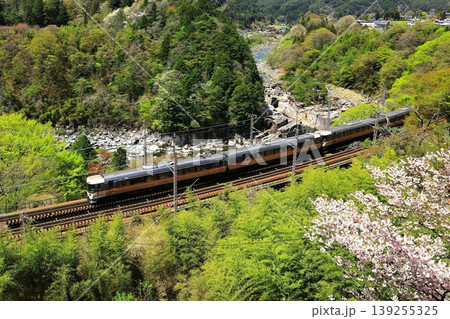 新緑の寝覚の床を行く中央本線 139255325