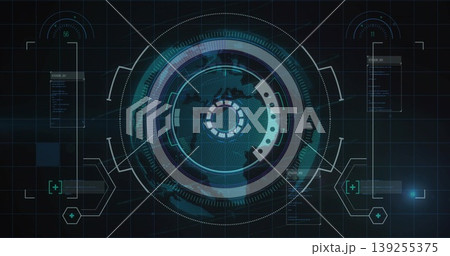 Displaying circular HUD in virtual control panel, highlighting concentric rings, world map mesh 139255375