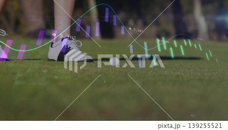 Standing golfer's legs in white shoes next to ball on putting green showing candlestick overlay Standing golfer's legs in white shoes next to ball on putting green showing candlestick overlay 139255521