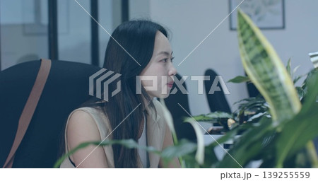 Sitting woman wearing sleeveless blazer focusing on work at office desk beside plants, copy space Sitting woman wearing sleeveless blazer focusing on work at office desk beside plants, copy space 139255559