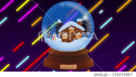 Glass snow globe showing cabin on WINTER base on purple backdrop, with snowman and neon lines 139255667