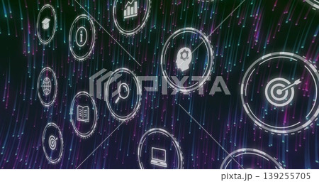 Glowing circular head-silhouette icon hovering in neon data network, with circular concept icons 139255705