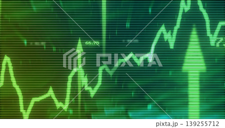 Displaying green line graph rising on virtual terminal screen, with grid lines and arrow markers Displaying green line graph rising on virtual terminal screen, with grid lines and arrow markers 139255712