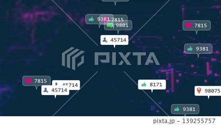 Displaying glitchy pixel grid with floating thumbs-up heart chat follower and pin icons analytics Displaying glitchy pixel grid with floating thumbs-up heart chat follower and pin icons analytics 139255757