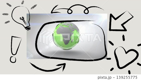 Floating 3D Earth globe centering Africa inside rectangular frame on gray background, with doodles Floating 3D Earth globe centering Africa inside rectangular frame on gray background, with doodles 139255775